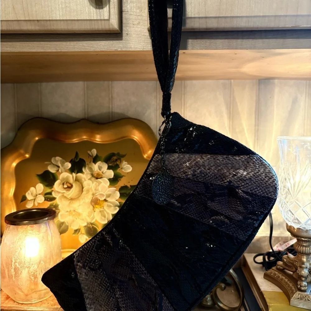 NINE WEST Faux Python Snake Print Black Metallic Clutch